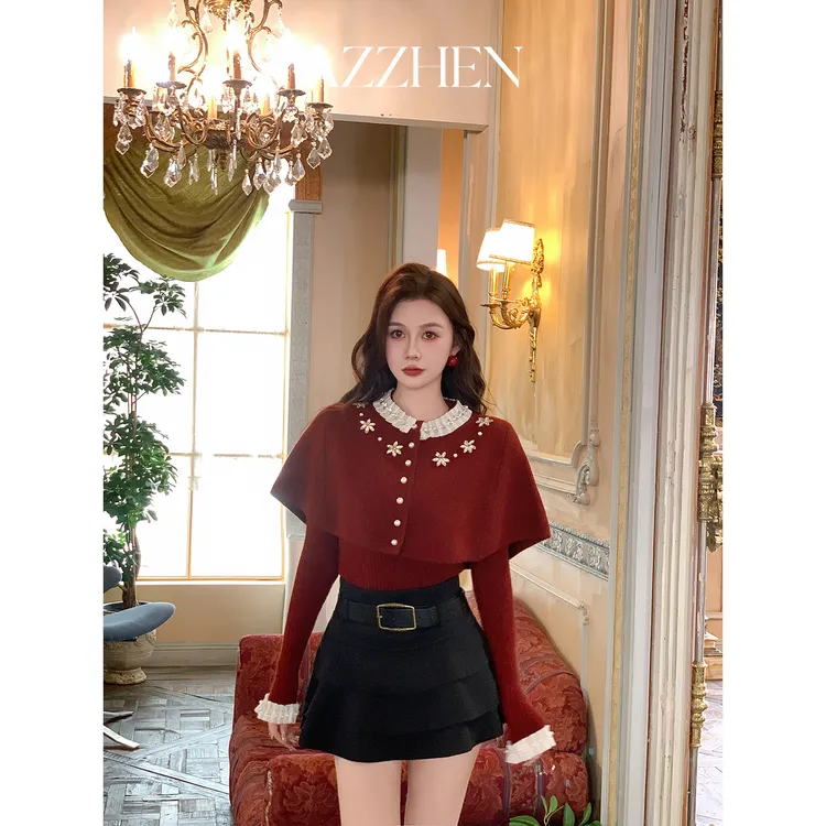 AZZHEN【花步舞曲】高织钉珠珍珠扣披肩斗篷针织上衣AZ5PBT23秋冬