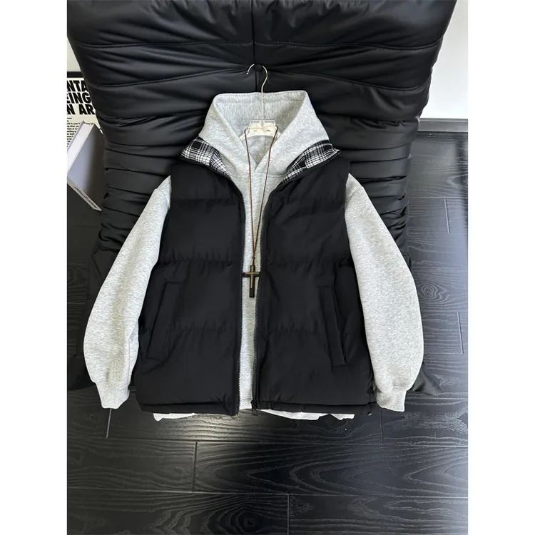 fitcheck格子拼接马甲男款冬季美式立领无袖棉服夹克宽松潮牌上衣