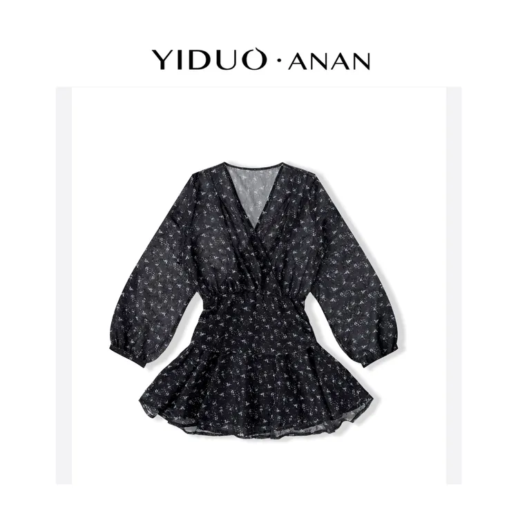  Yi·Duo 大码法式复古V领碎花雪纺灯笼袖收腰飘带连衣裙 