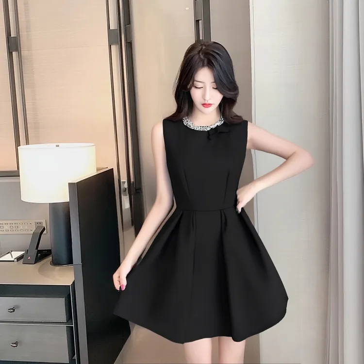 A法式珍珠领赫本风蝴蝶结背心女气质千金无袖小黑裙礼服裙子D3047