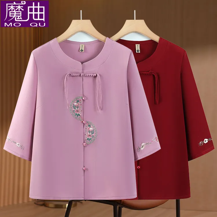 中老年女装夏季洋气衬衫新款妈妈上衣70岁80老年人老太太绣花衣服