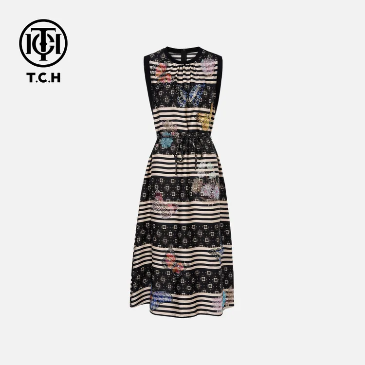 TCH现货私服时尚条纹烫钻复古风女款连衣裙T75B30E5300轻奢tch