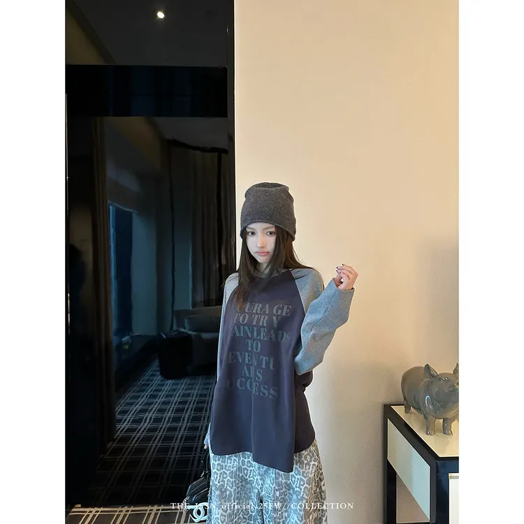 THEISSN宁司 字母印花插肩袖T恤女早秋新款宽松显瘦上衣 01274