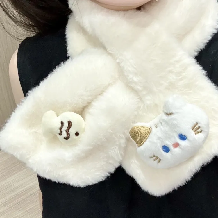 可爱猫咪爱吃鱼毛绒围巾ins风小众秋冬款保暖日系学生交叉围脖
