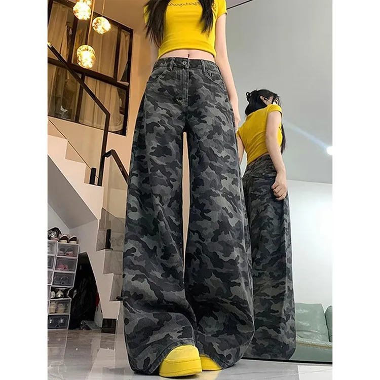 特大码胖mm美式高街辣妹风迷彩牛仔裤女夏季梨型遮胯显瘦阔腿裤子