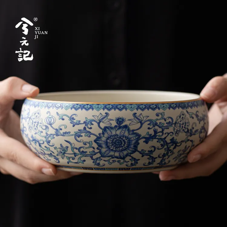 青花汝窑陶瓷大号茶洗家用茶渣缸水盂茶道零配建水茶海功夫茶具