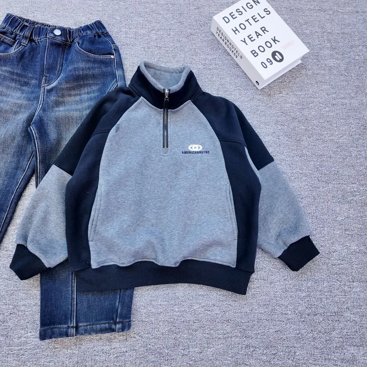 【小哥童装】秋冬卫衣加厚半拉链撞色加绒灰蓝撞色中大童卫衣251292