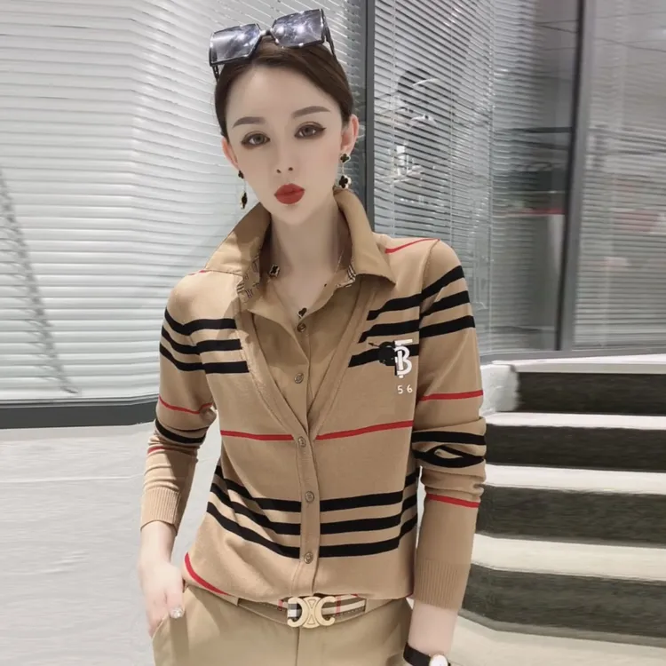 秋冬季修身休闲百搭条纹衬衣领假两件新款上衣女装开衫长袖针织衫