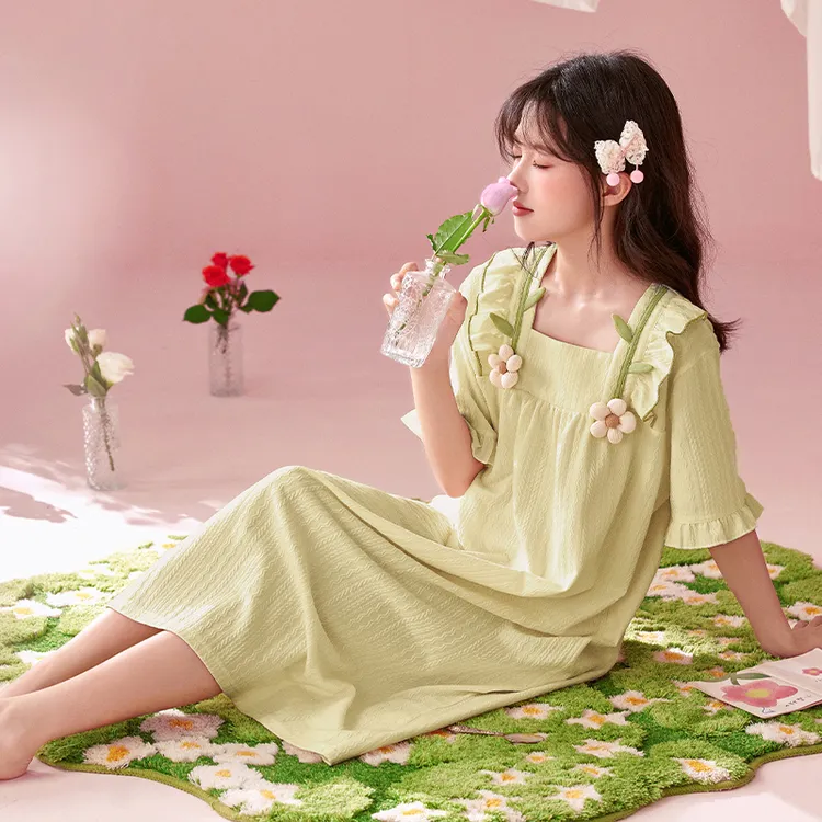 女童睡裙少女公主风夏季中长款睡衣裙绿花薄款短袖纯棉甜美家居服