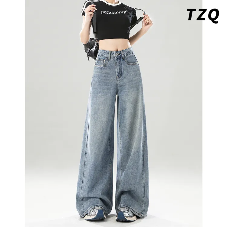 蓝色阔腿牛仔裤女2025春季新款高腰显瘦垂感直筒拖地裤TZQ2521714