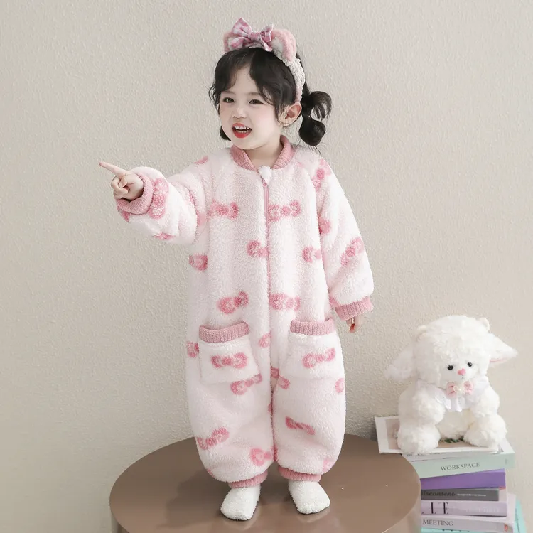 儿童连体睡衣珊瑚绒双层夹棉女宝宝加绒法兰绒家居服护肚睡袋爬服