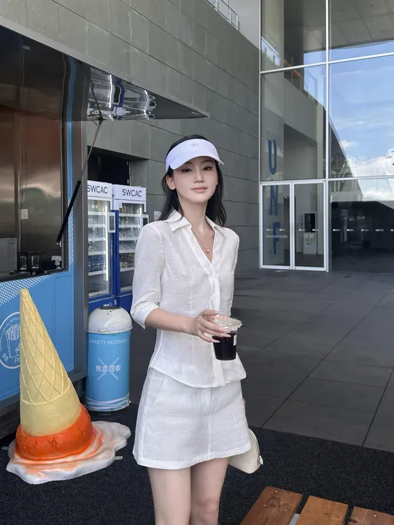 慵懒风职场套装女纯色短袖衬衫韩风新款上衣修身短裙潮亚麻套装