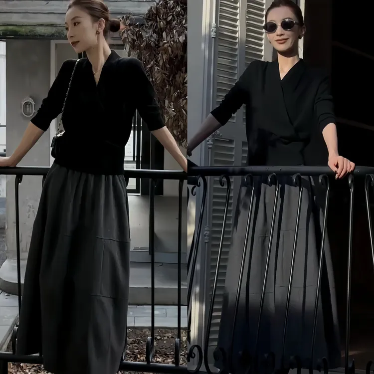 2025秋冬新款法式赫本风气质百搭长袖打底上衣高腰显瘦半身裙套装