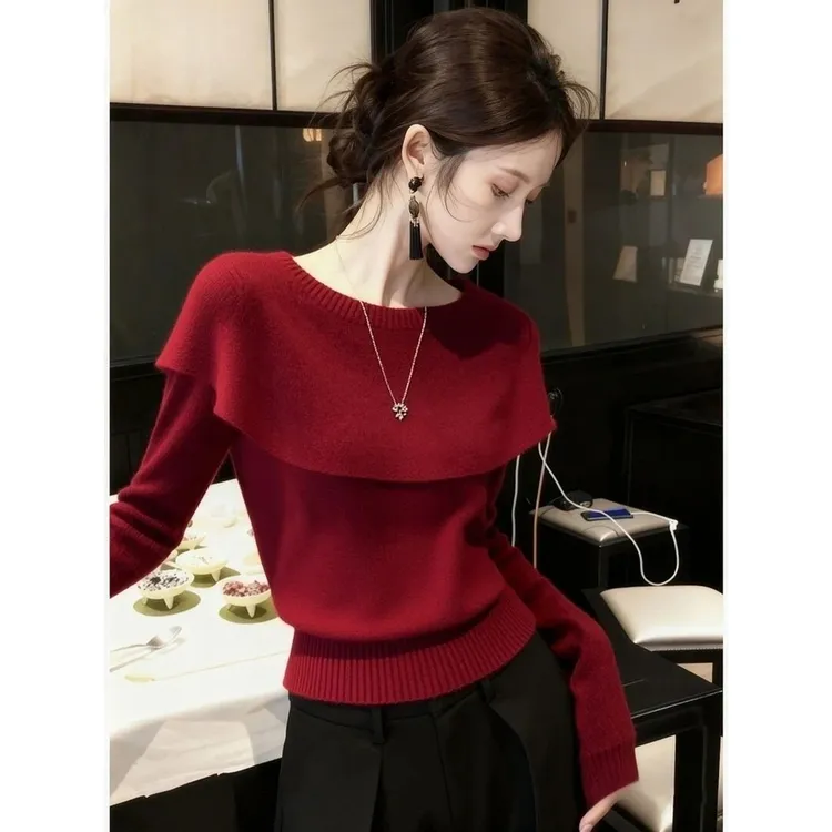 2025新款安可拉红色高级感软糯毛衣女装秋冬季欧货新年红针织上衣
