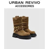 URBAN REVIVO2025冬季新款女士金属扣厚底真皮靴子UAYS50107