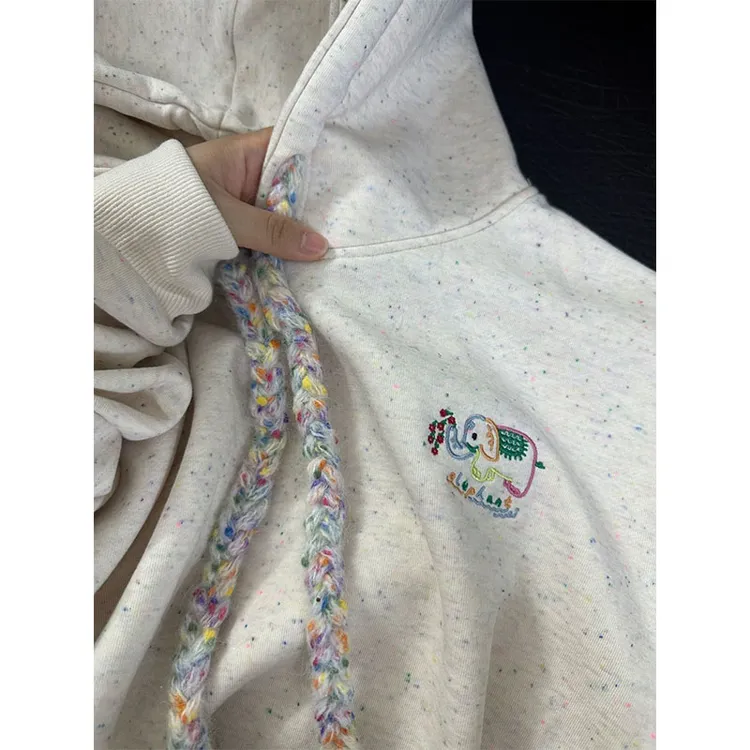 美式chic彩点小象刺绣连帽卫衣女秋冬加绒加厚宽松设计感外套上衣