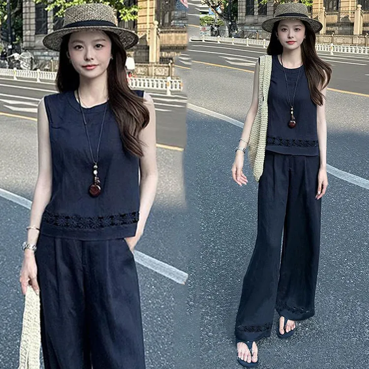 小香风休闲时尚套装女2025年新款夏季背心上衣高腰直筒裤两件套潮