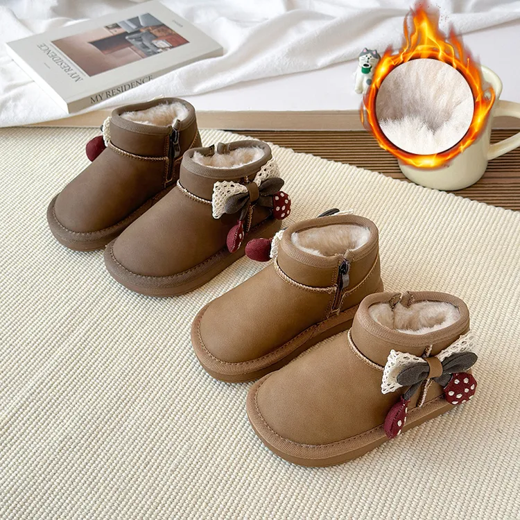 女童可爱樱桃蝴蝶结棉靴2025冬季新款儿童加绒加厚雪地靴暖3000