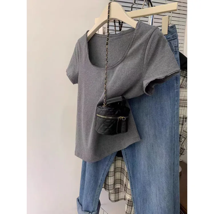 针织牛仔韩版气质上衣打底衫新款洋气短袖T恤女夏季修身显瘦