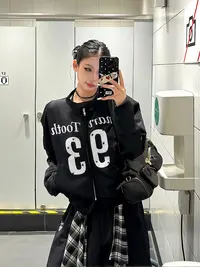 爆爆糖美式复古辣妹字母印花网纱外套女秋季宽松休闲百搭情侣上衣