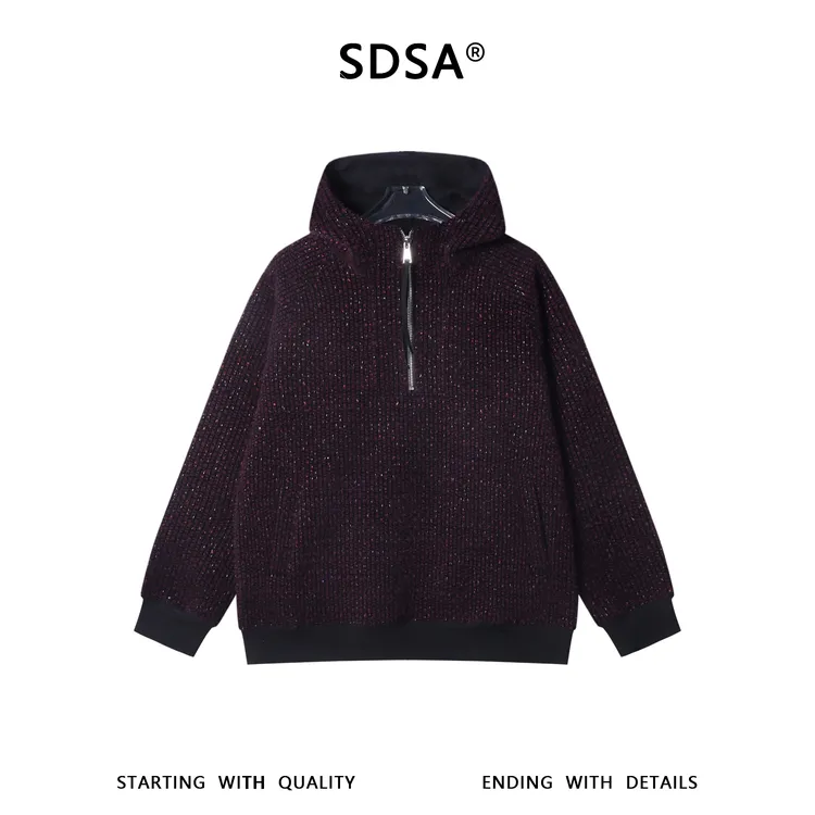 SDSA男士秋冬新款痞帅男装潮牌竖纹彩色刺绣半拉链连帽卫衣百搭