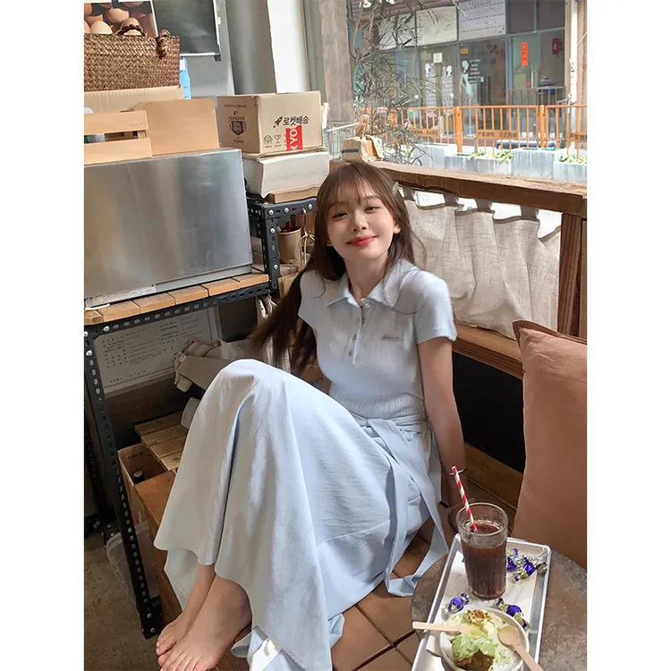 韩版复古纯色简约百搭翻领短袖连衣裙2025夏季新款收腰显瘦长裙子