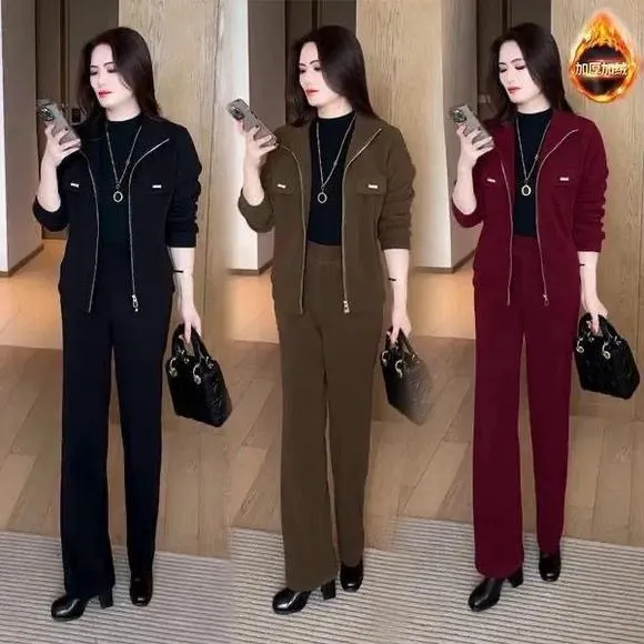 加绒加厚时尚套装女冬季新款小个子洋气短外套保暖长裤休闲两件套