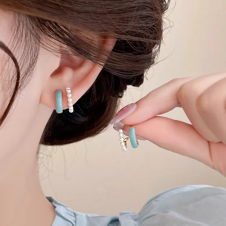 合金仿珍珠耳饰 小清新薄荷蓝耳钉女2025新款轻奢高级感耳环耳饰