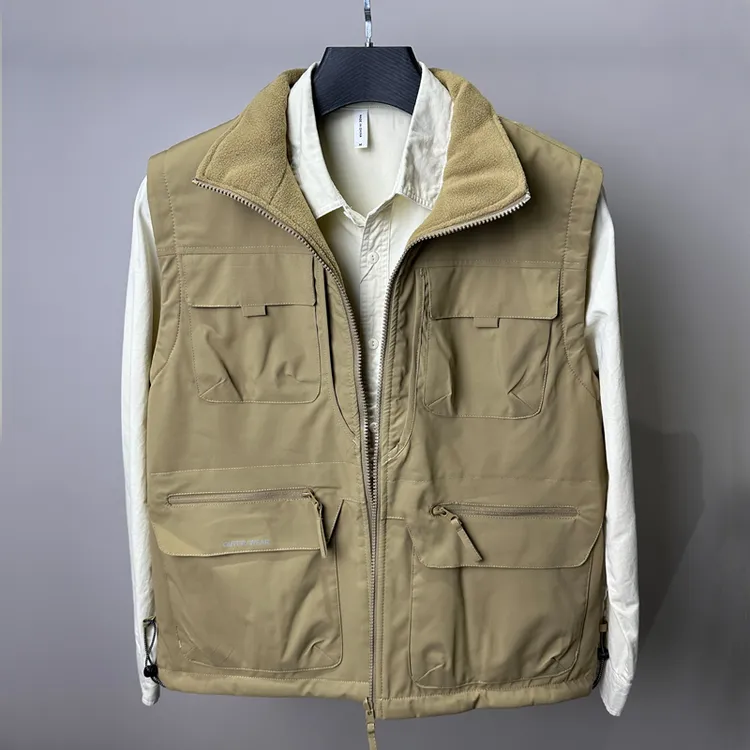 秋冬新款男士休闲立领多口袋工装加绒厚款双面穿马甲夹克外套