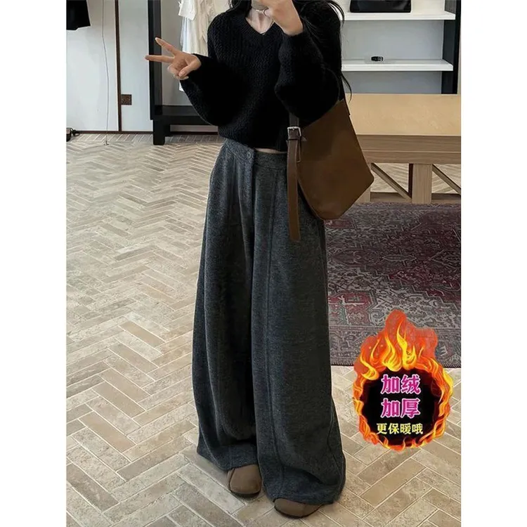 深灰色休闲毛呢直筒裤女加厚秋冬新款大码梨形身材高腰显瘦阔腿裤