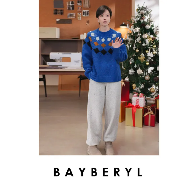 BAYBERYL老贝几何艺术*点子复古蓝圆领厚针织衫9ZZS5L1941-12/20