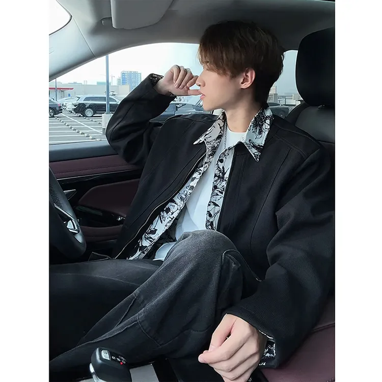 水墨画内衬假两件外套男款秋季新中式国风上衣短款拼接高级感夹克