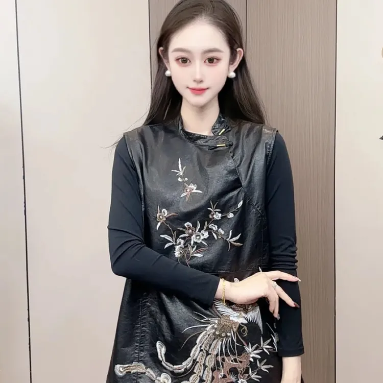 新款真皮牛皮油蜡重工刺绣国风马夹连衣裙裙