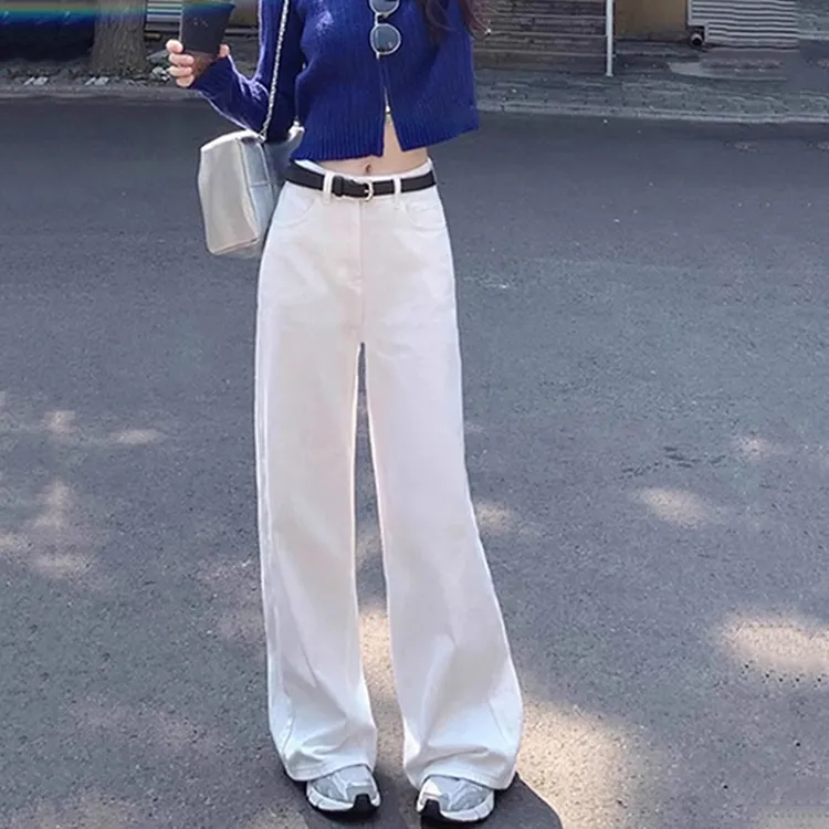白色高腰阔腿牛仔裤女2025新款休闲高级感气质百搭宽松直筒拖地裤