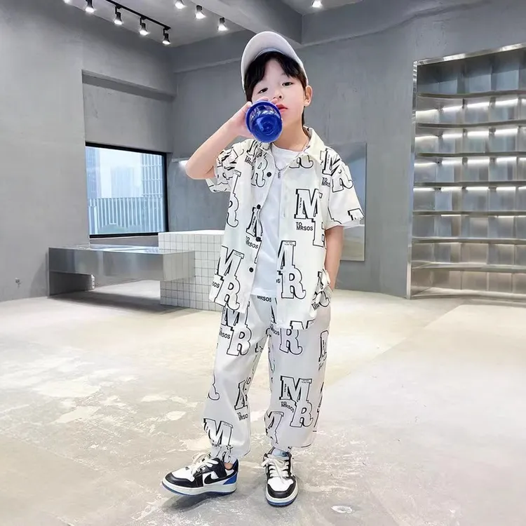 【沫沫家】男女童夏装洋气宝宝夏款短袖衬衫防蚊裤两件帅气儿童潮