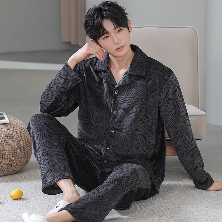 【海岛绒】秋冬季中厚款男士海岛绒睡衣保暖家居服-稻花24331