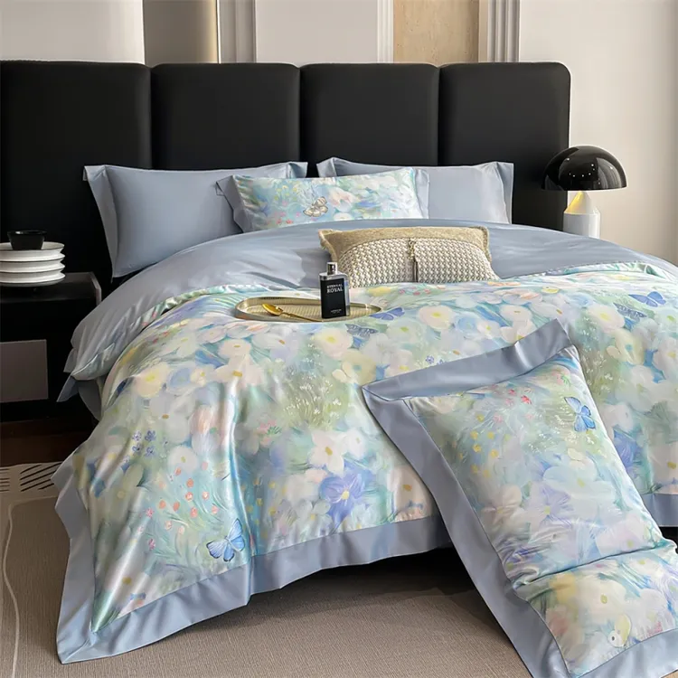 新款田园风碎花冰丝数码印花拼角款四件套床品空调凉感被套床笠款