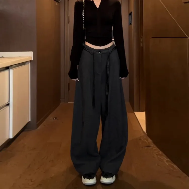 时尚毛呢阔腿裤女2026冬季新款宽松显瘦松弛感休闲弯刀裤子