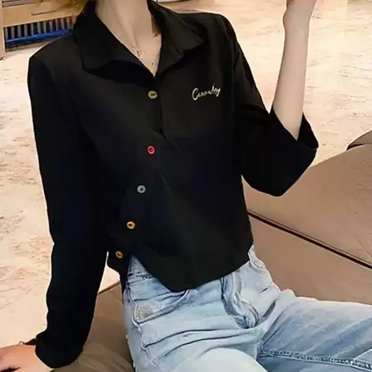 女打底衫新款韩系春秋百搭黑色翻领小众设计感短款长袖T恤女上衣