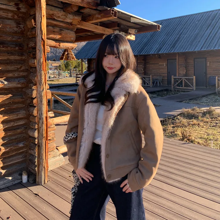 ANA宝藏珍妮 2025秋冬新款韩系加厚保暖麂皮可拆卸毛领夹克外套