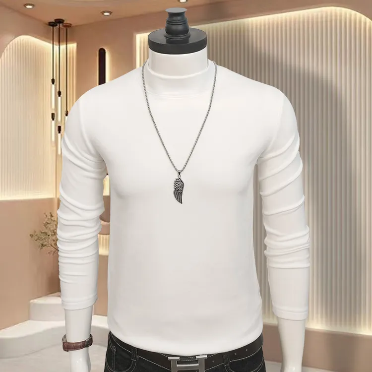 秋冬青年德绒保暖上装男士修身长袖半高圆领纯白色内搭T恤打底衫