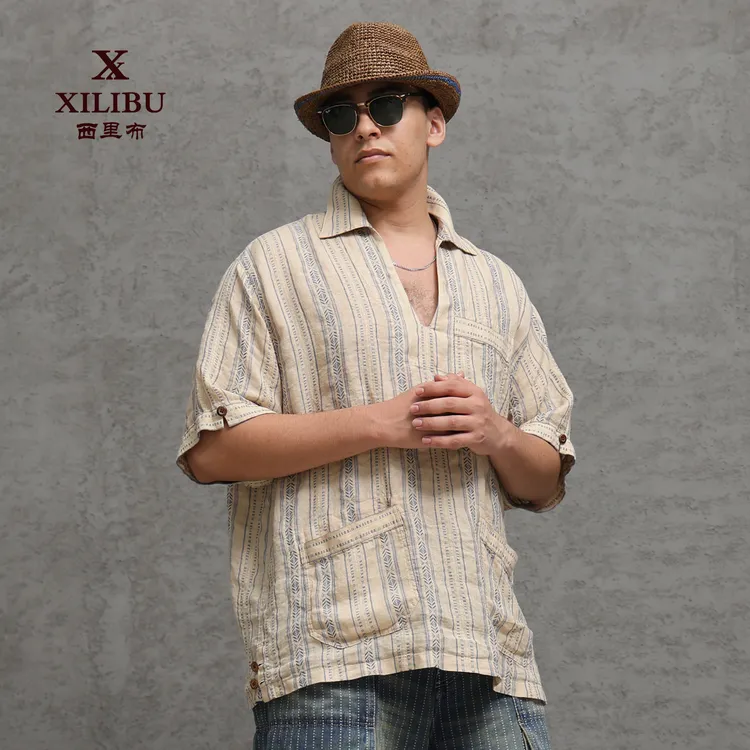 西里布S131米色复古条纹半开领亚麻套头半袖衬衫夏季宽松禅意男装