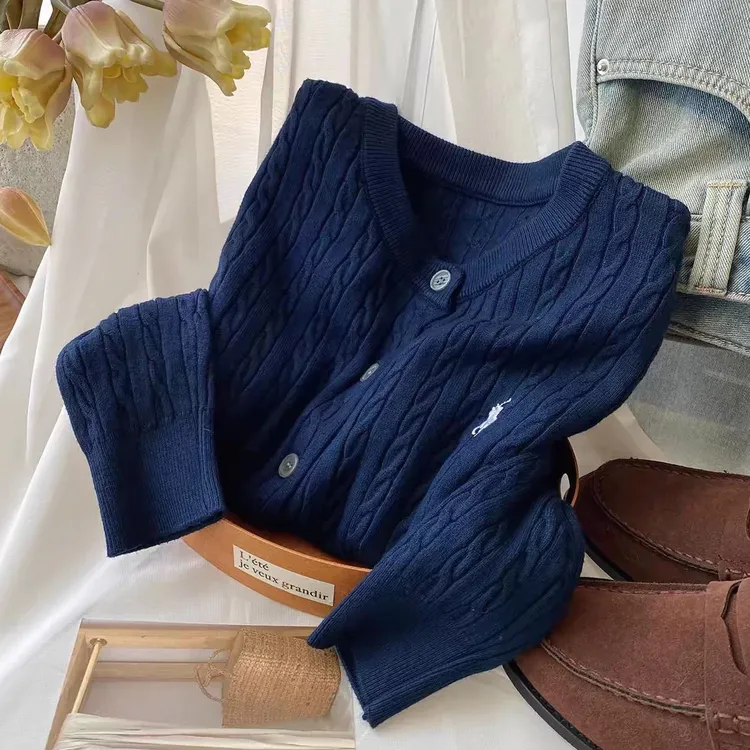 小马刺绣麻花针织开衫女小个子复古百搭圆领2025秋冬新款毛衣外套