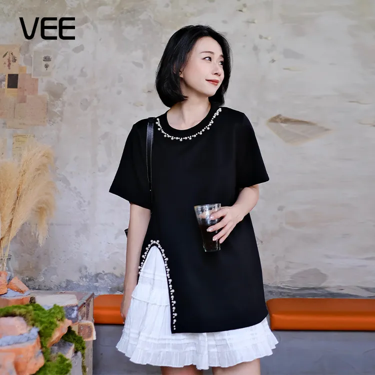 VEE【吸睛T】黑色设计感重工烫钻钉珠宽松开叉短袖T恤夏季