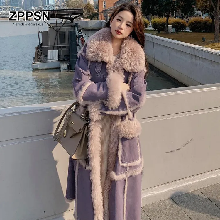 ZPPSN&紫色皮毛一体大衣女冬季2025新款今年流行爆款长款