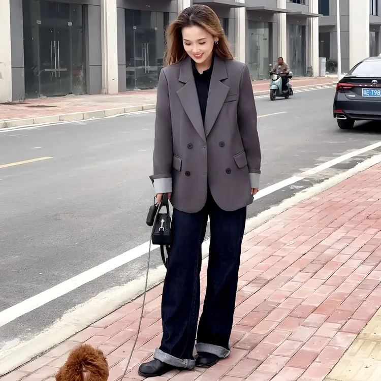 2025秋季新款平驳领口袋韩版纽扣女休闲西装袖口设计双排扣01#