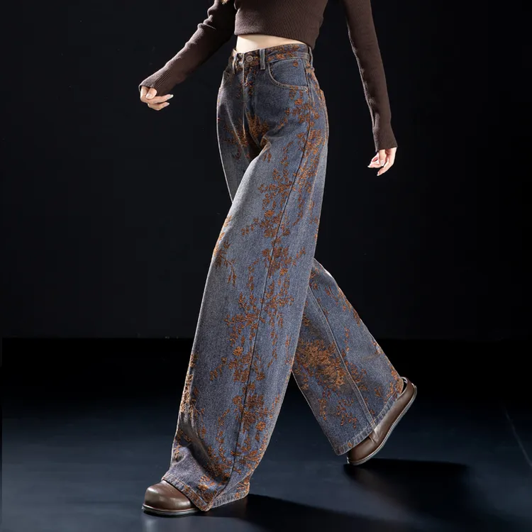 加厚植绒雪尼尔牛仔裤女2025新款秋冬版型好看裤子棕色提花阔腿裤