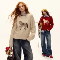 love asgony 小马提花刺绣圆领毛衣