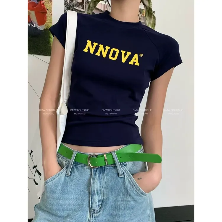 韩版2025夏季新款美式辣妹复古字母印花插肩圆领女修身t恤潮