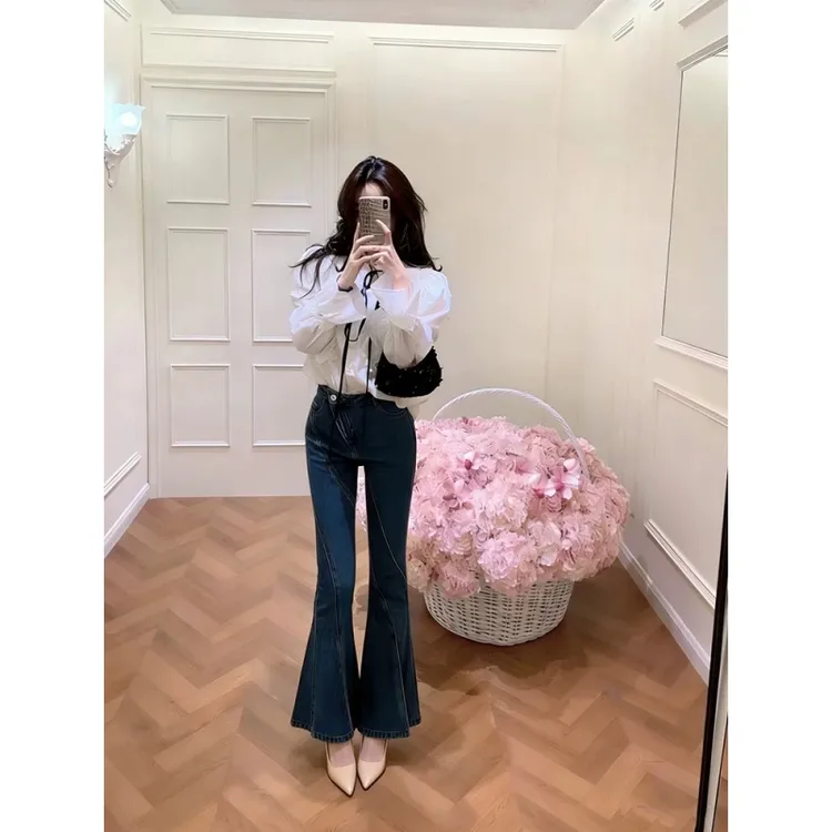 韩版设计感蝴蝶结荷叶长袖衬衫高级感气质宽松上衣修身微喇牛仔裤